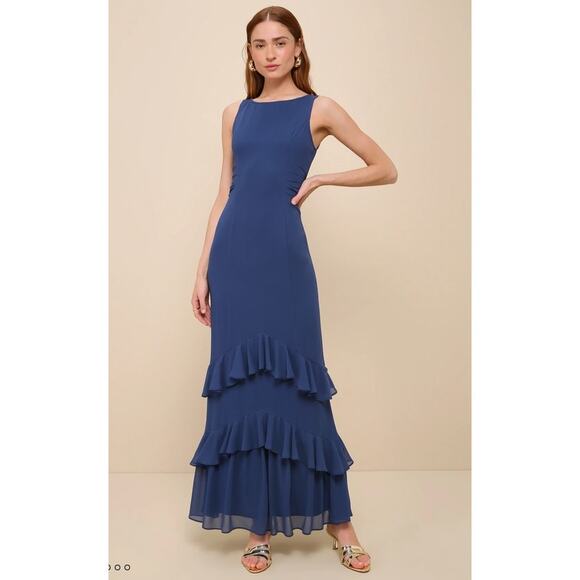 Lulus Lovely Arrival Dark Blue Chiffon Ruffle Tiered Maxi Dress Size L - Picture 8 of 11